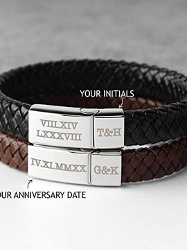 Roman Numerals Engraved Mens Bracelet, Woven Braided Leather Bracelet