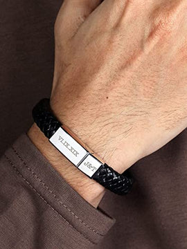 Roman Numerals Engraved Mens Bracelet, Woven Braided Leather Bracelet