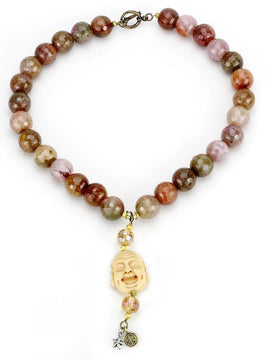 LO4663 - Antique Copper Brass Necklace with Semi-Precious Agate in